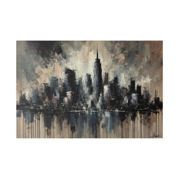 Abstract cityscape painting with tall buildings.