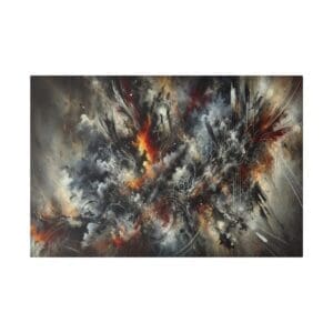 Abstract painting with black, white, and red.