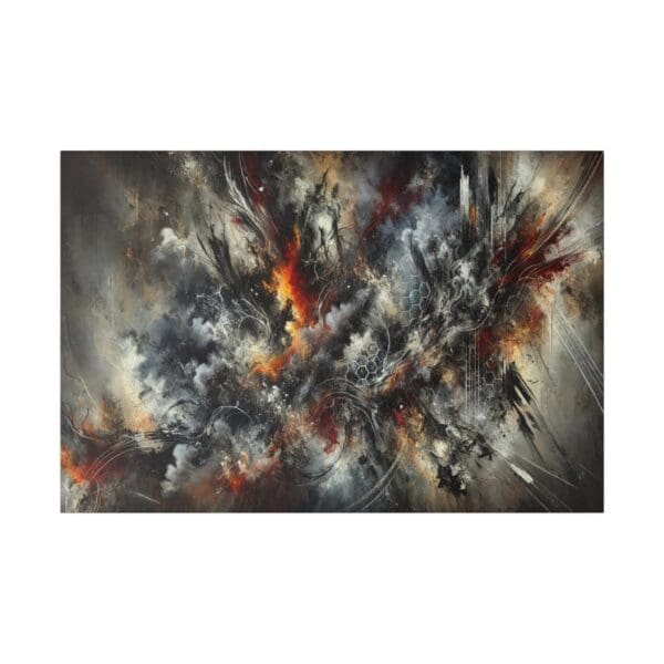 Abstract painting with black, white, and red.