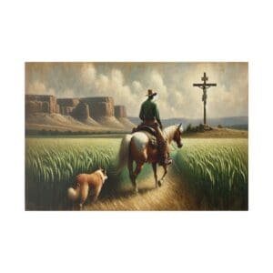 Cowboy rides horse towards crucifix.