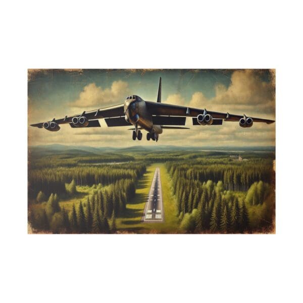 A B-52 bomber flying over a runway.