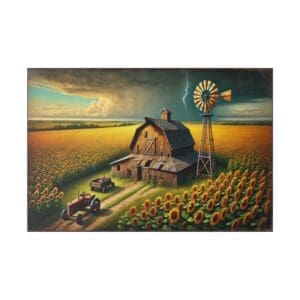 Barn, windmill, tractor, sunflower field, storm clouds.