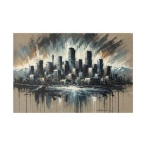 Abstract painting of a city skyline.