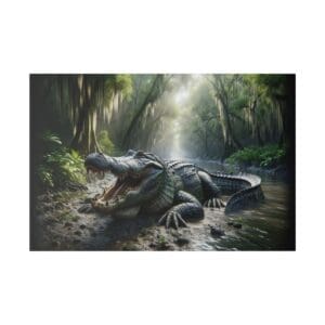 Alligator with open mouth in swamp.