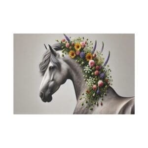 White horse with floral mane and neck.