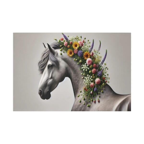 White horse with floral mane and neck.