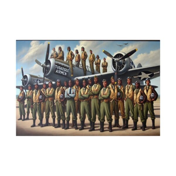Tuskegee Airmen stand by a plane.