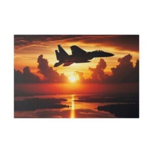 Silhouette of a fighter jet at sunset.