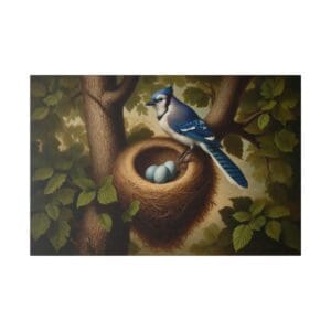 Blue jay perched on a nest with eggs.