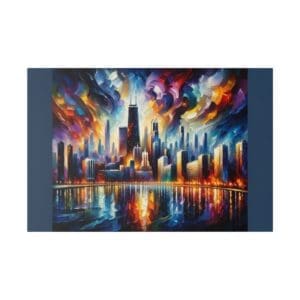Colorful painting of Chicago skyline at night.