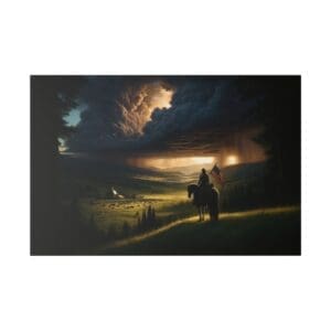 Rider with flag overlooking stormy landscape.