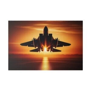 Silhouette of fighter jet flying into sunset.