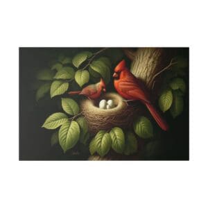 Two cardinals near a nest with eggs.