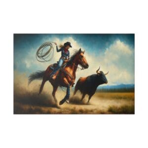 Cowgirl lassoing bull on horseback.