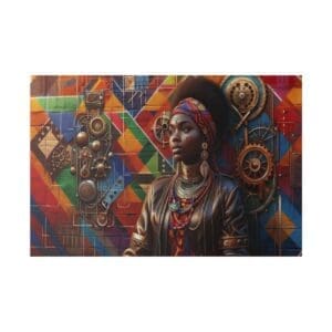 Woman in colorful, geometric, steampunk-inspired setting.