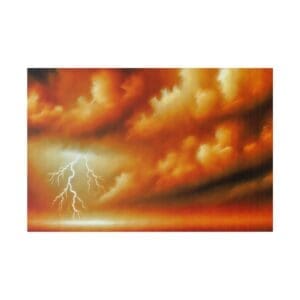 Lightning strikes through orange clouds.