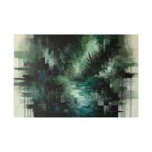 Abstract green and black painting with geometric shapes.