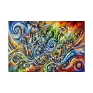 Abstract painting with colorful swirls.