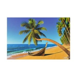 Palm tree and boat on tropical beach.