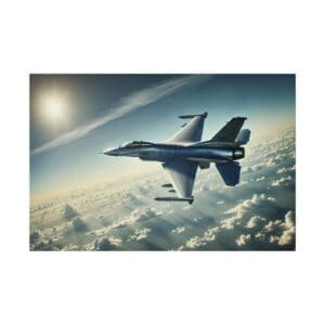 Fighter jet flying over clouds.