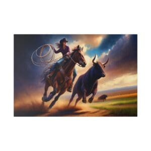 Cowgirl on horseback chasing a bull.