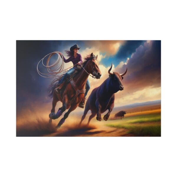 Cowgirl on horseback chasing a bull.