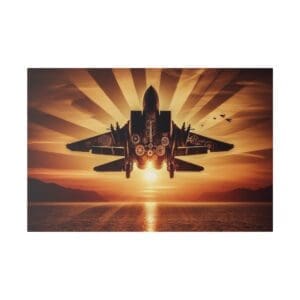 Steampunk jet flying into sunset.