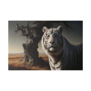 White tiger stares near a tree.