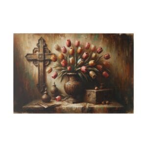 Still life painting with tulips and a cross.