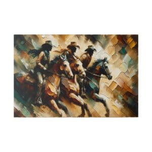 Abstract painting of three galloping cowboys.