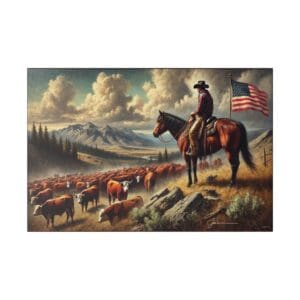 Cowboy on horseback with American flag.