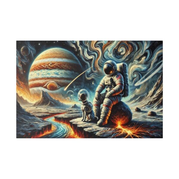 Astronaut and dog in space with Jupiter.