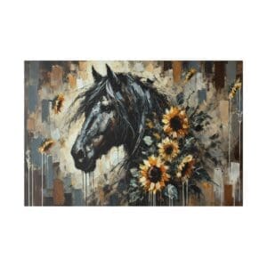 Black horse with sunflowers painting.
