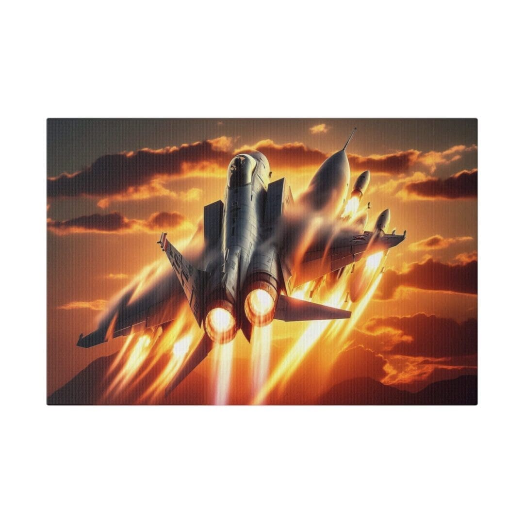 Jet flying through fiery sunset sky.