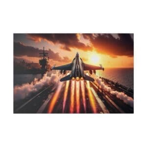 Fighter jet taking off from aircraft carrier.