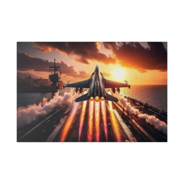Fighter jet taking off from aircraft carrier.