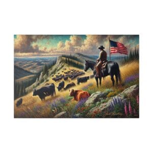 Cowboy on horseback overlooking grazing cattle.