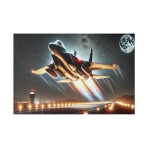 F-15E fighter jet taking off at night.