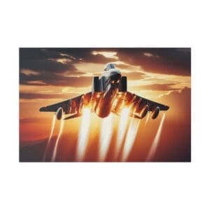 Fighter jet taking off at sunset.