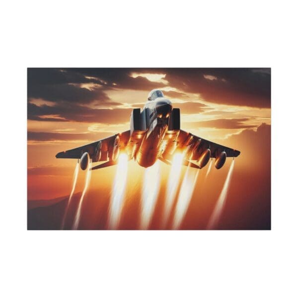 Fighter jet taking off at sunset.