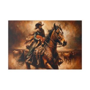 Cowboy riding horse, herding cattle in painting.