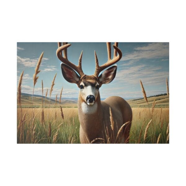 A brown deer with antlers in a field.