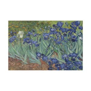Painting of purple irises in a garden.