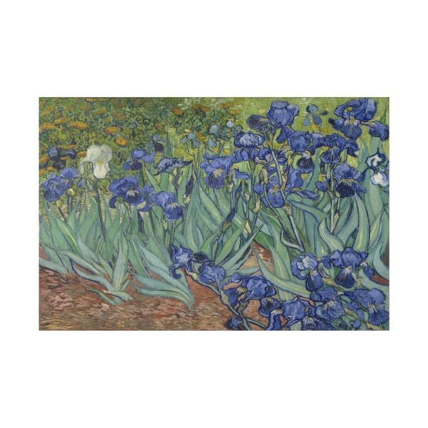 Painting of purple irises in a garden.