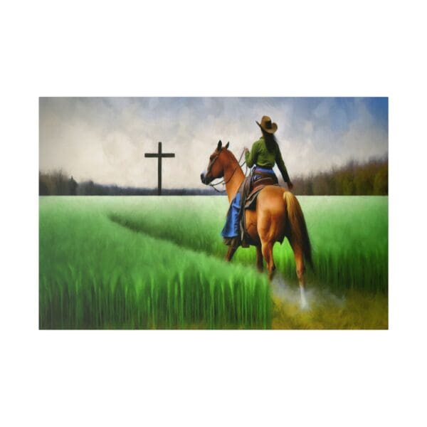 Cowgirl riding horse towards cross in field.