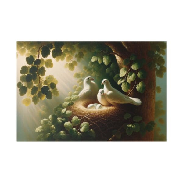 White doves in a nest with eggs.