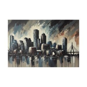 Boston skyline painting with bridge reflection.