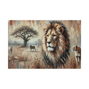 Painting of a lion and lionesses in the savanna.