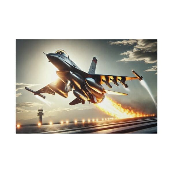 Fighter jet taking off with flames.