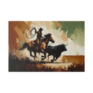 Cowboy on horseback lassoing a bull.